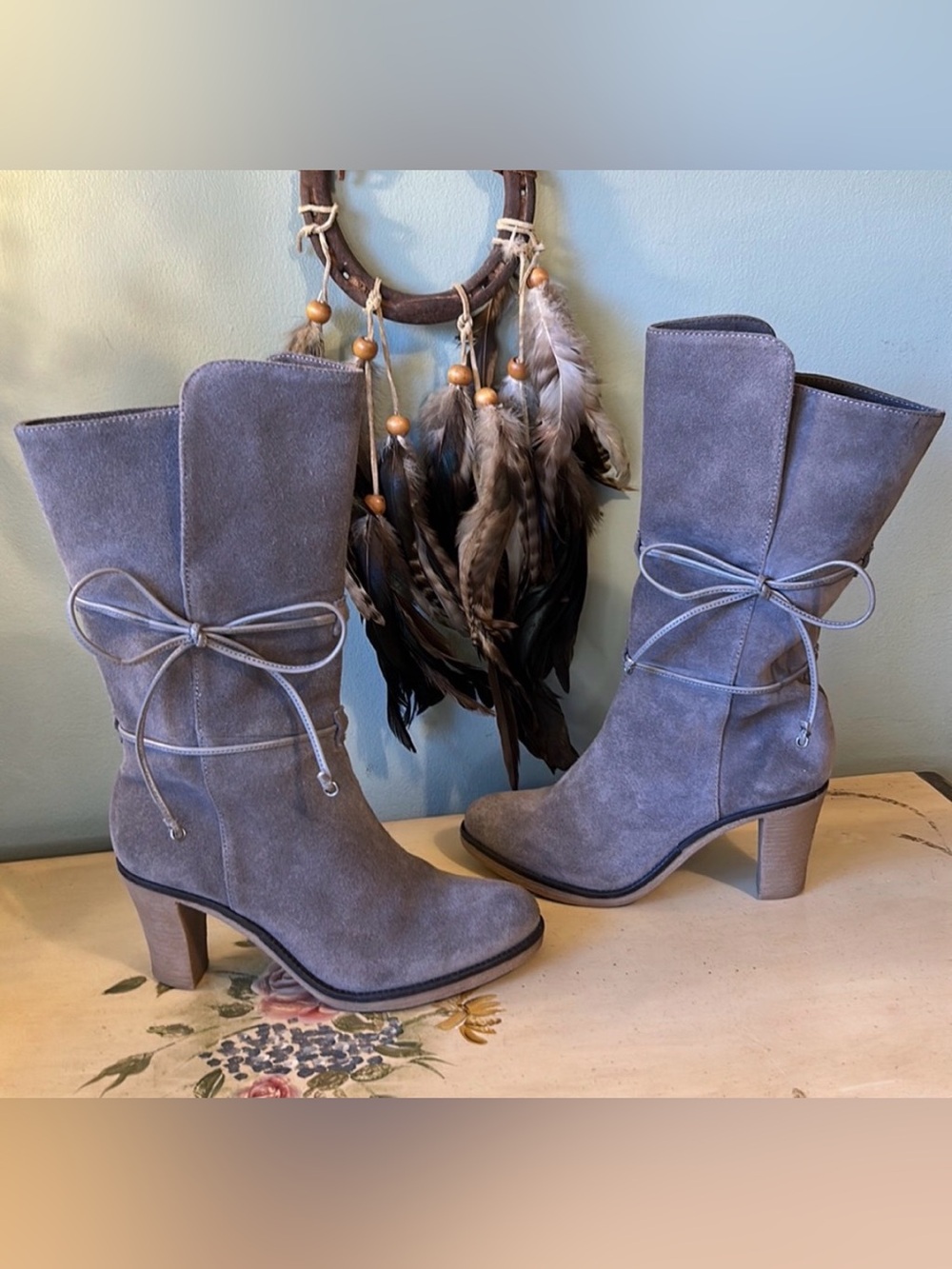 Johnston & Murphy Gray Suede Leather Lace Wrap Boots